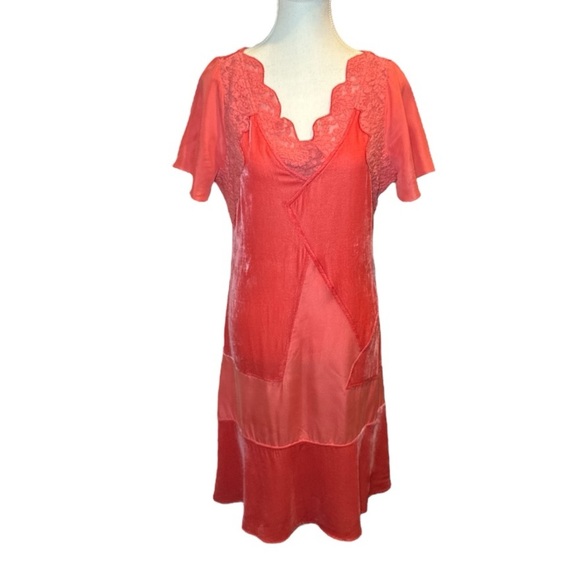 Sundance Rosalind Silk Dress Lace Velvet Sz 6 Coral Orange Geometric Bohemian - Picture 2 of 8
